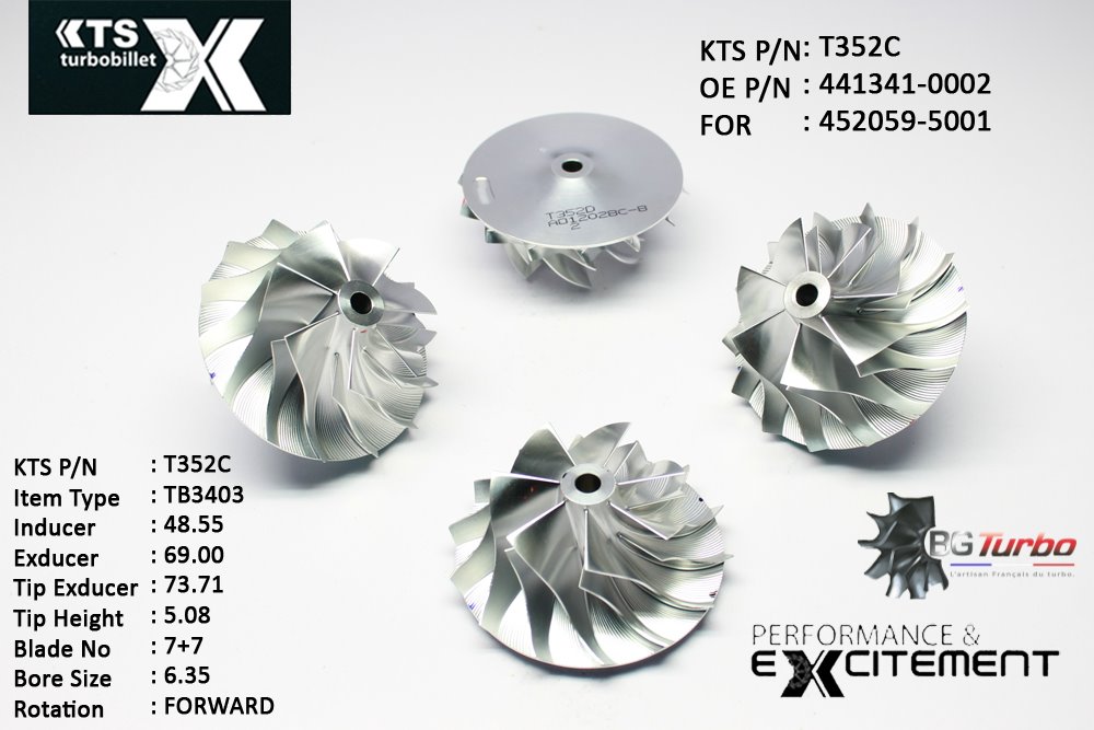 Turbo ROUE FORGÉE MFS PERFORMANCE - 7+7 PALES - INDUCER : 48,55 - EXDUCER : 69 - TYPE : TB3403ANGLE : 60° - ROTATION : Forward - SUPER BACK : 3,71 - BORE SIZE : 6,35
